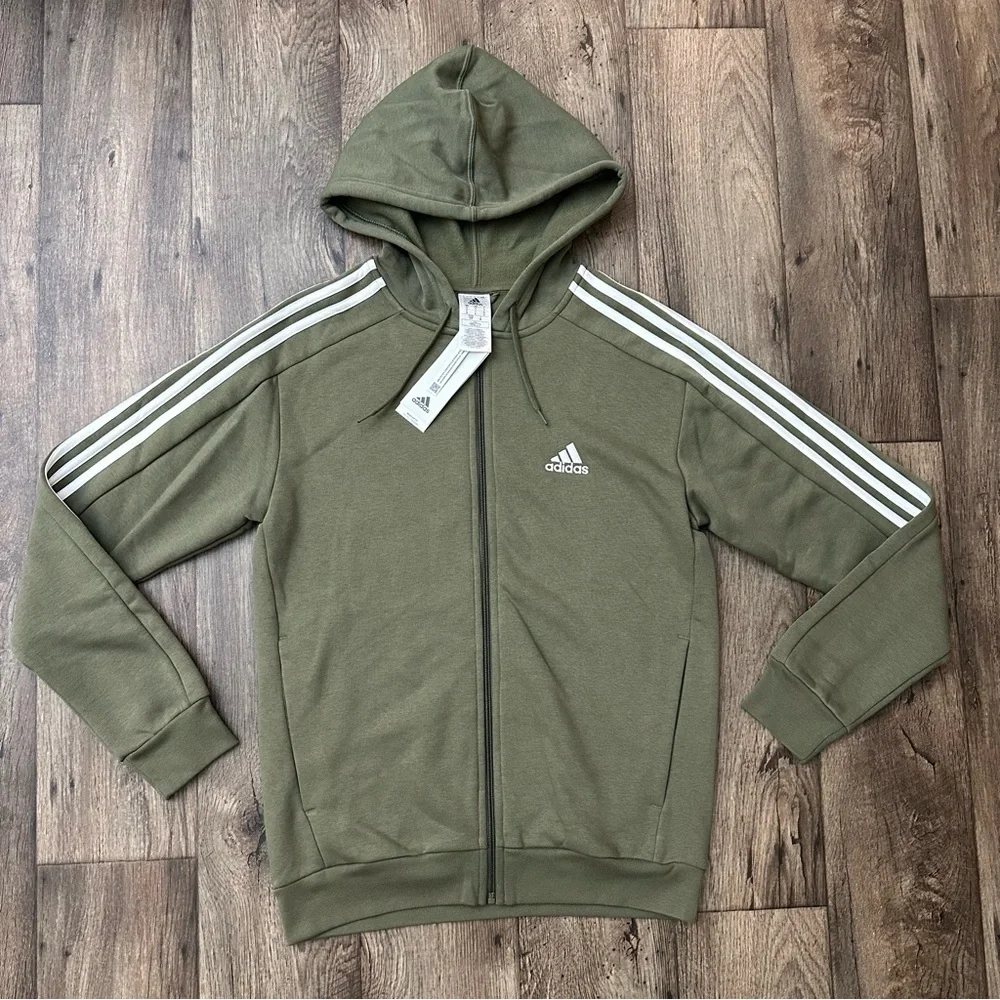 Adidas 3 Stripes Zipper Hoodie Hooded Sweatshirt Work Out Men’s Sz S Olive Green